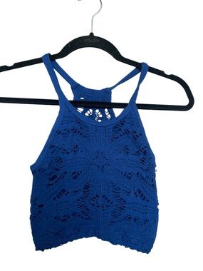 Free People Blue Crochet High-Neck Crop Tank